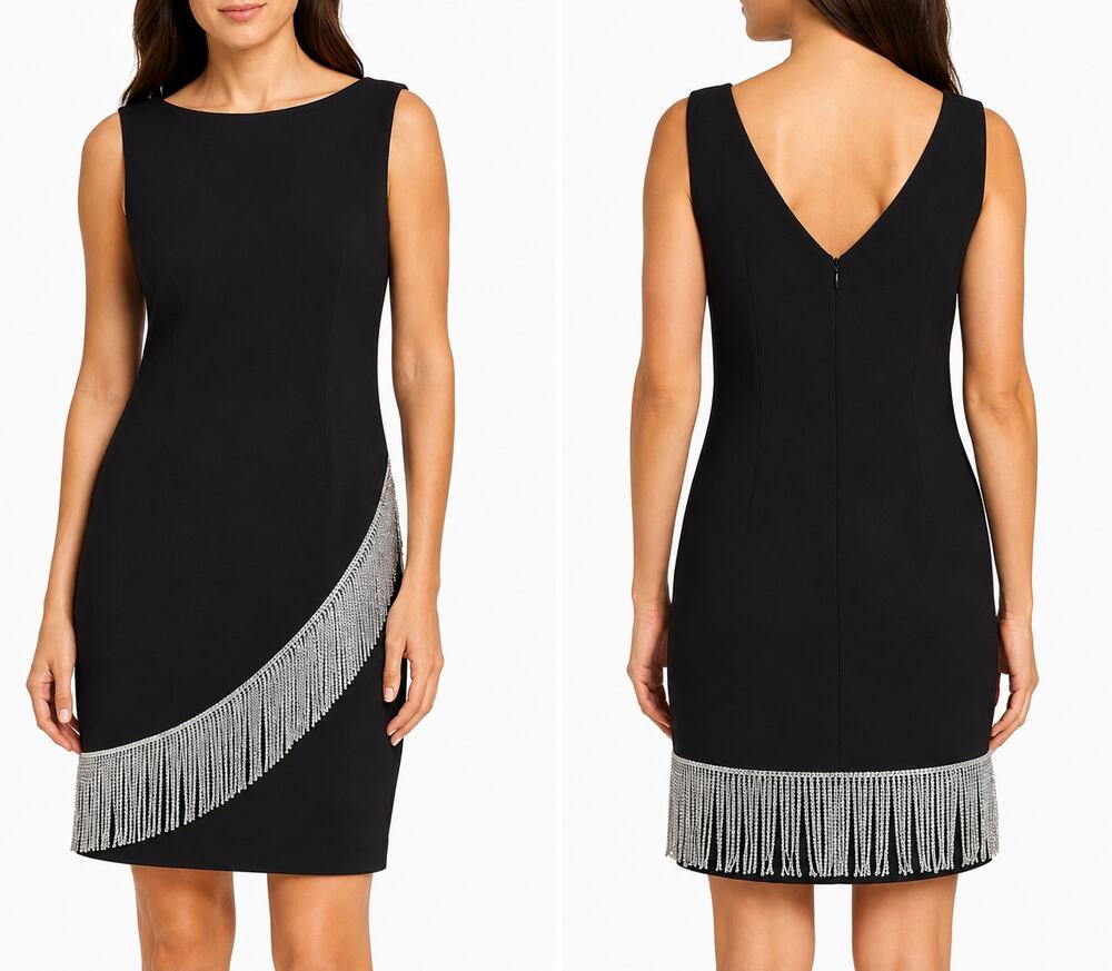 Eliza J Black Sleeveless Fringe-Trim V-Back Cocktail Dress